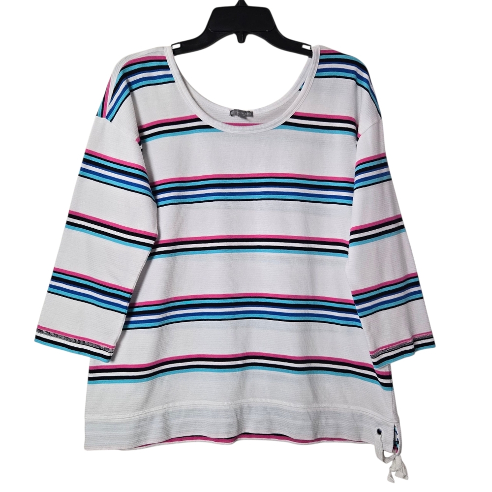 T by Talbots Striped Ribbed Side Tie Cotton Top White Multi Color Large Petite